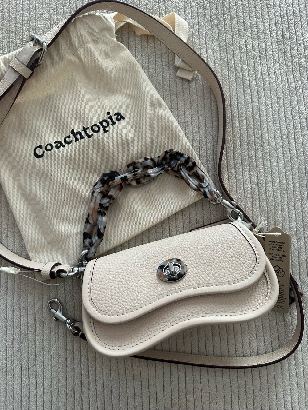 Coachtopia Pebbled Leather Cream Shoulder Mini Bag with Tortoiseshell Chain